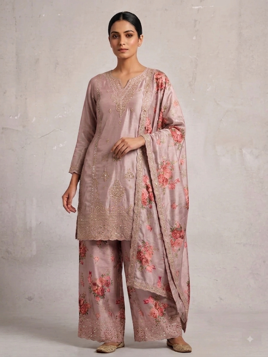 Pure Chinnon Silk Digital Print Palazzo Suit with Heavy Embroidery