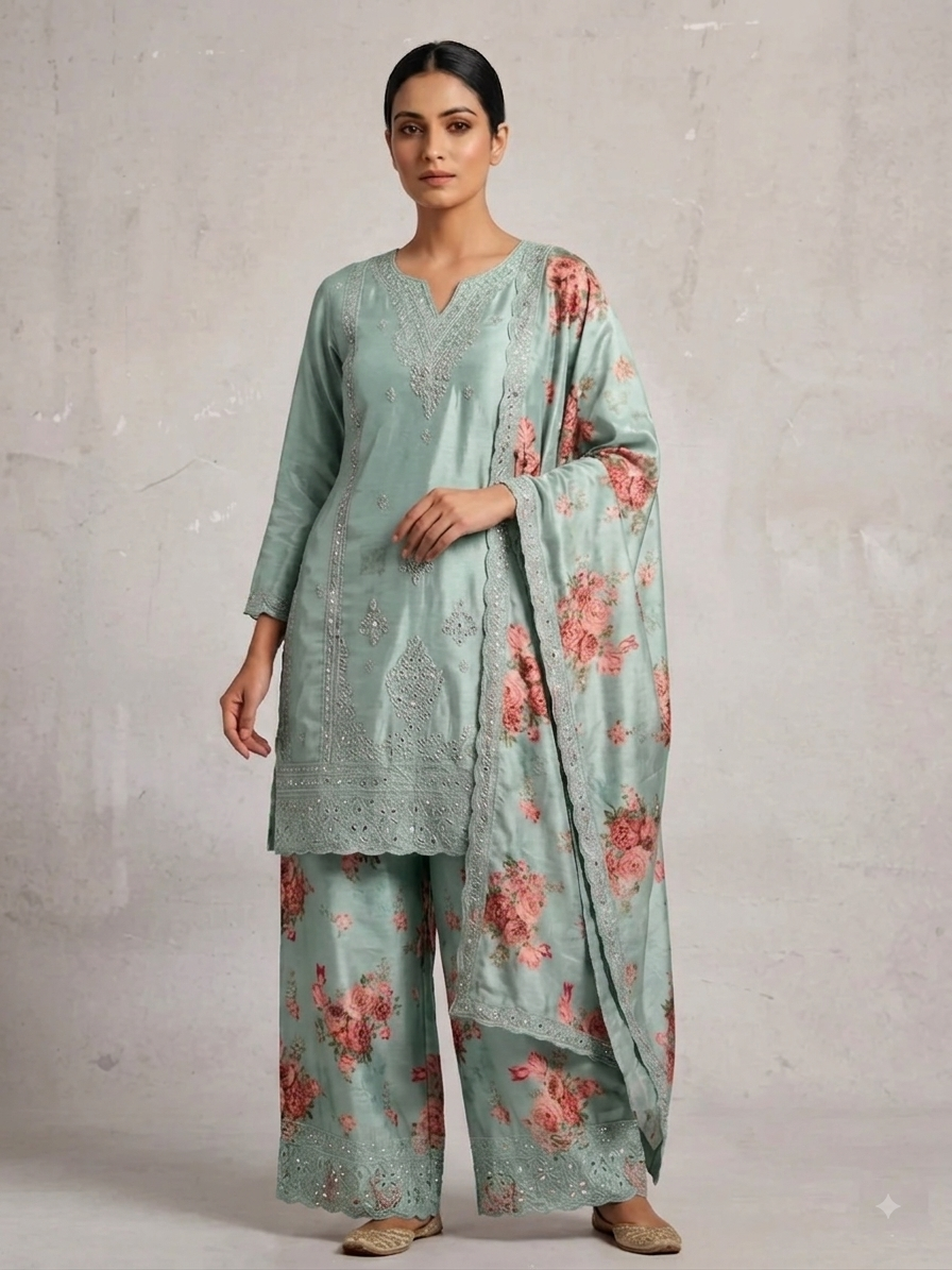 Pure Chinnon Silk Digital Print Palazzo Suit with Heavy Embroidery