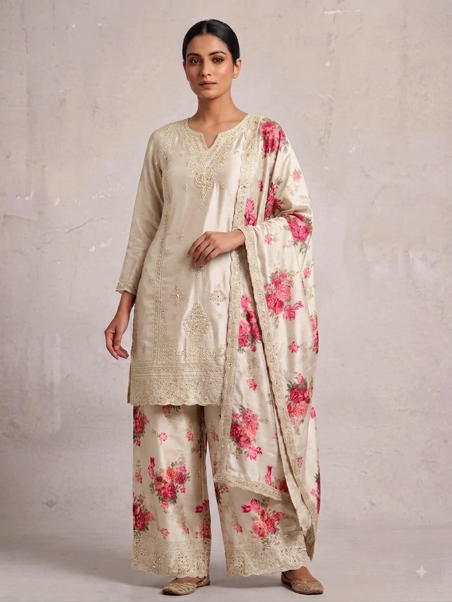 Pure Chinnon Silk Digital Print Palazzo Suit with Heavy Embroidery
