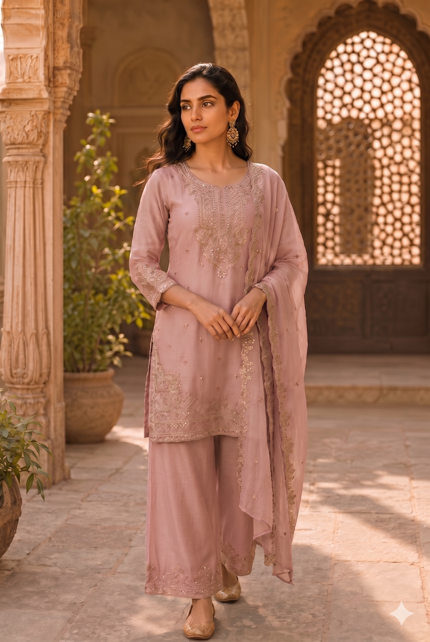 Pure Currency Silk Embroidered Palazzo Suit with Khatli Work
