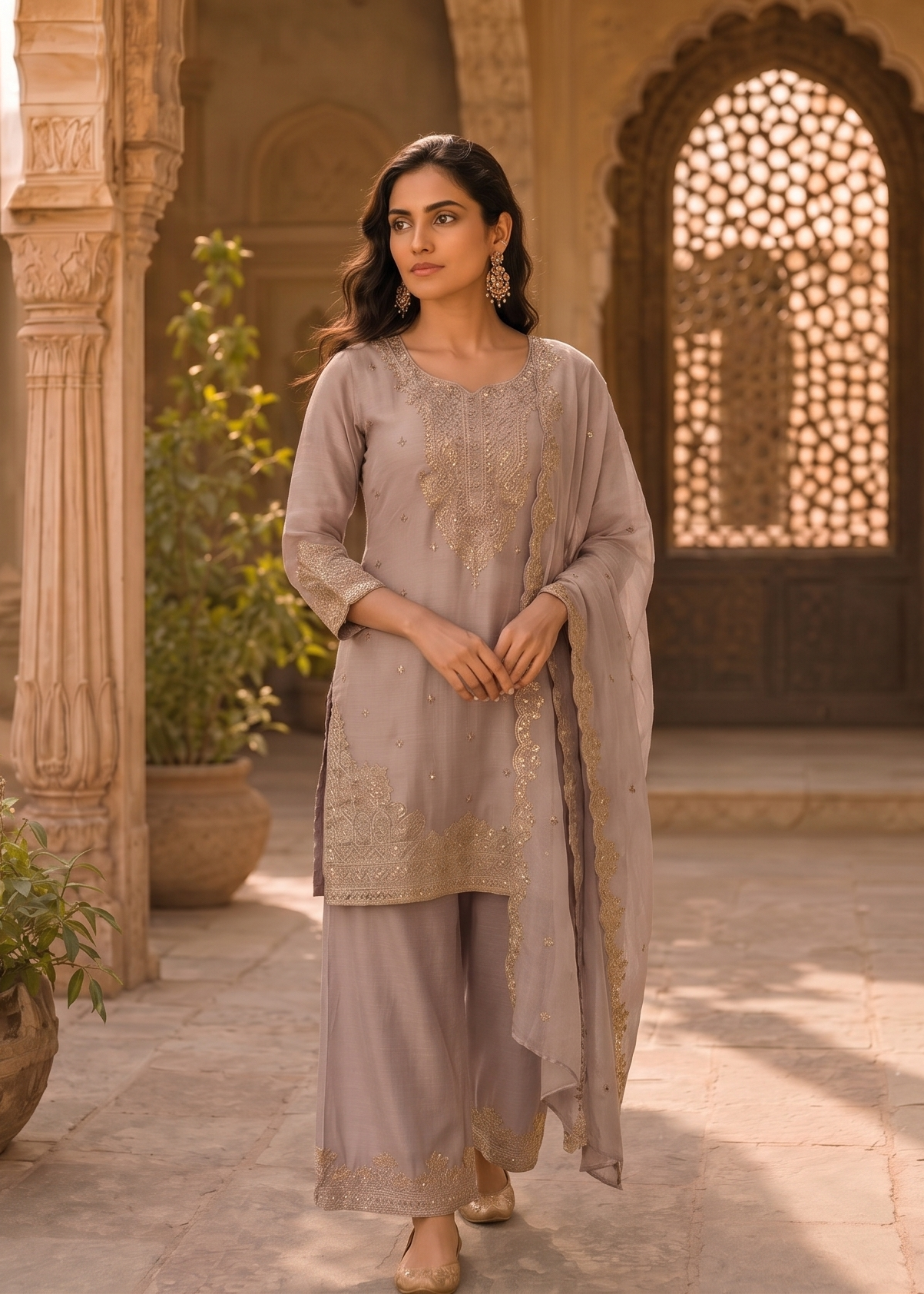 Pure Currency Silk Embroidered Palazzo Suit with Khatli Work