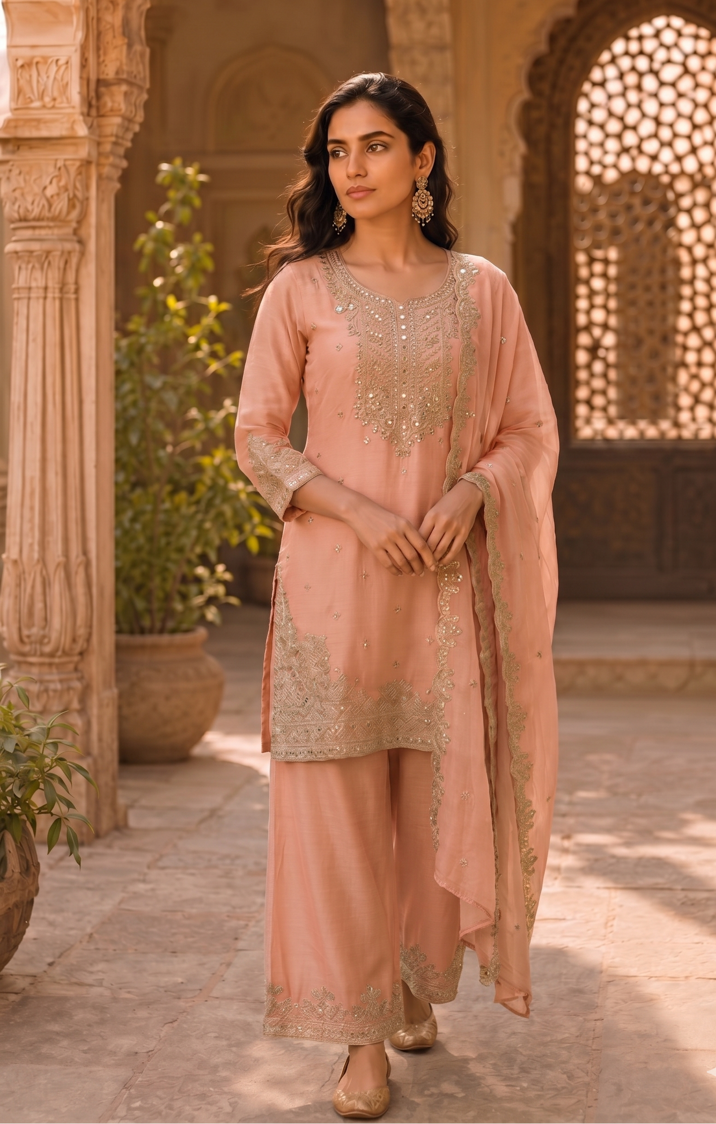 Pure Currency Silk Embroidered Palazzo Suit with Khatli Work