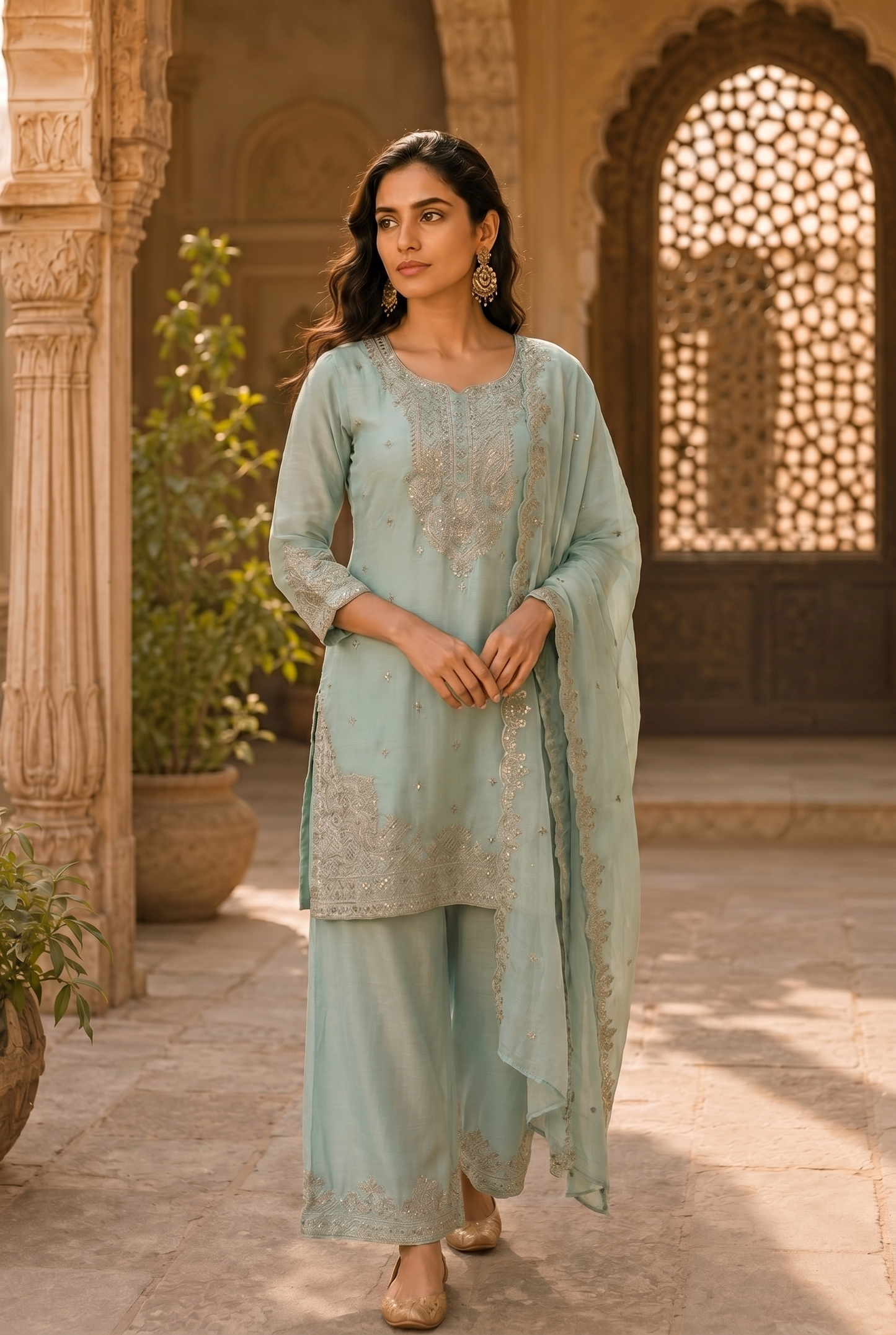 Pure Currency Silk Embroidered Palazzo Suit with Khatli Work