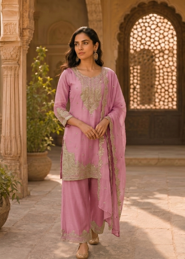 Pure Currency Silk Embroidered Palazzo Suit with Khatli Work