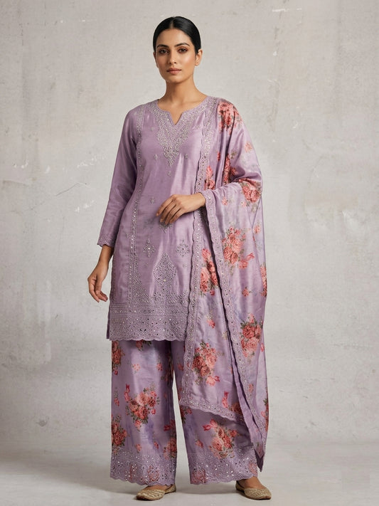 Pure Chinnon Silk Digital Print Palazzo Suit with Heavy Embroidery