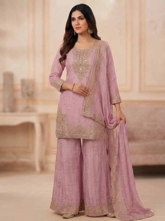 Pure currency silk embroidered palazzo suit with khatli handwork for women