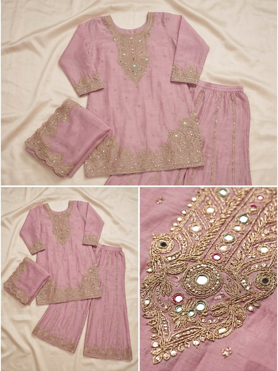 Pure Currency Silk Embroidered Palazzo Suit with Khatli Work