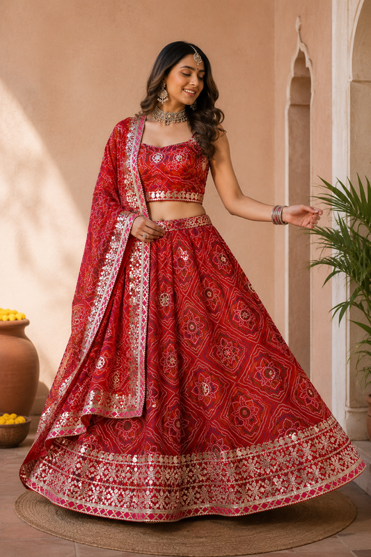 Red Bandhani Print Lehenga with Embroidered Dupatta