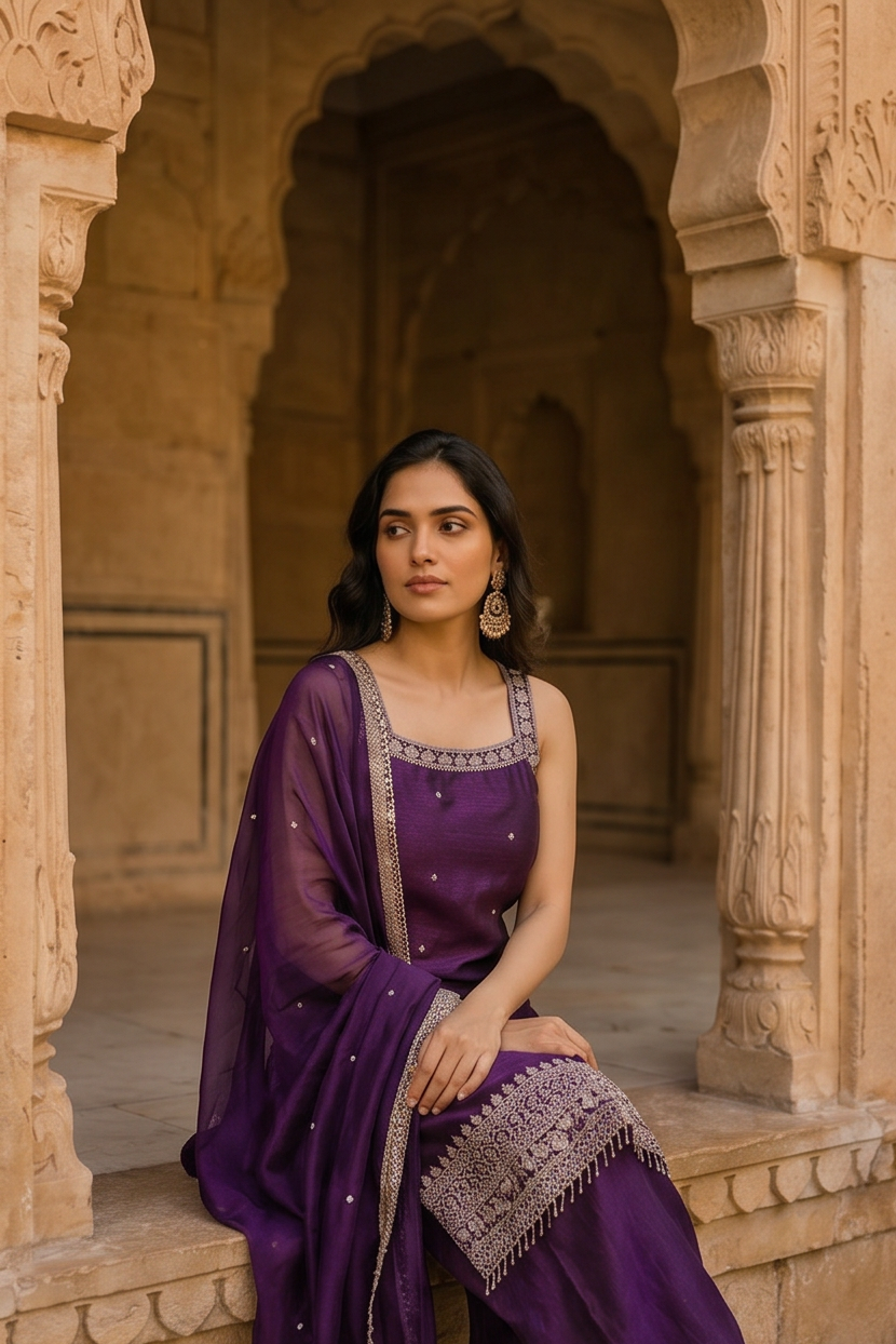 Royal Amethyst Embellished Kurta Palazzo Set with Dupatta