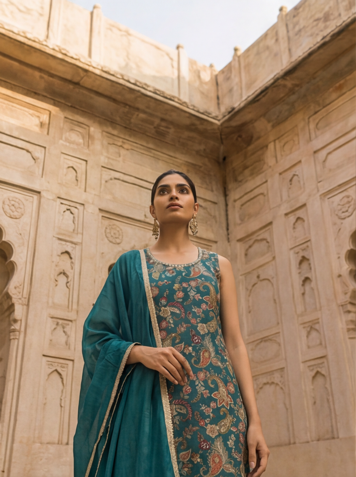Teal Paisley Embroidered Kurta Palazzo Set with Dupatta