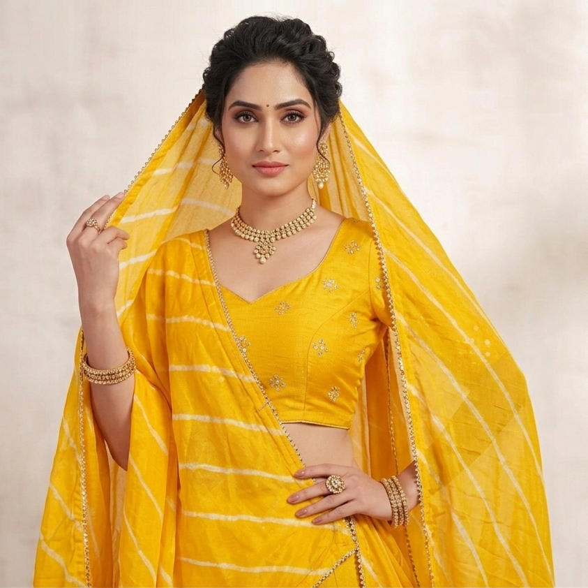 Mustard Yellow Bandhani Print Lehenga Set with Silver Embellishments & Striped Dupatta