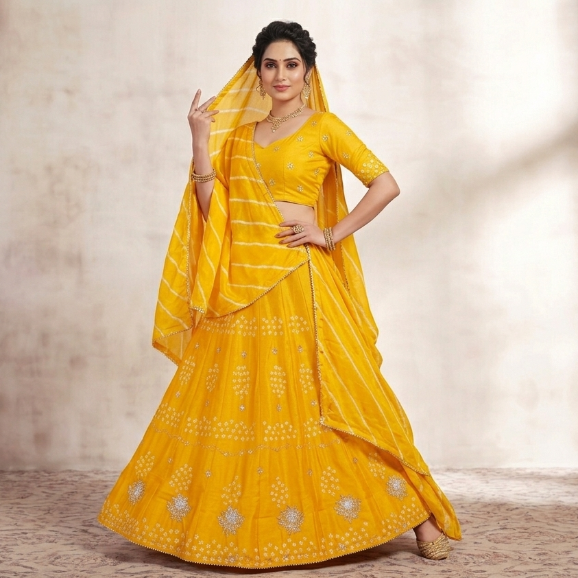 Mustard Yellow Bandhani Print Lehenga Set with Silver Embellishments & Striped Dupatta