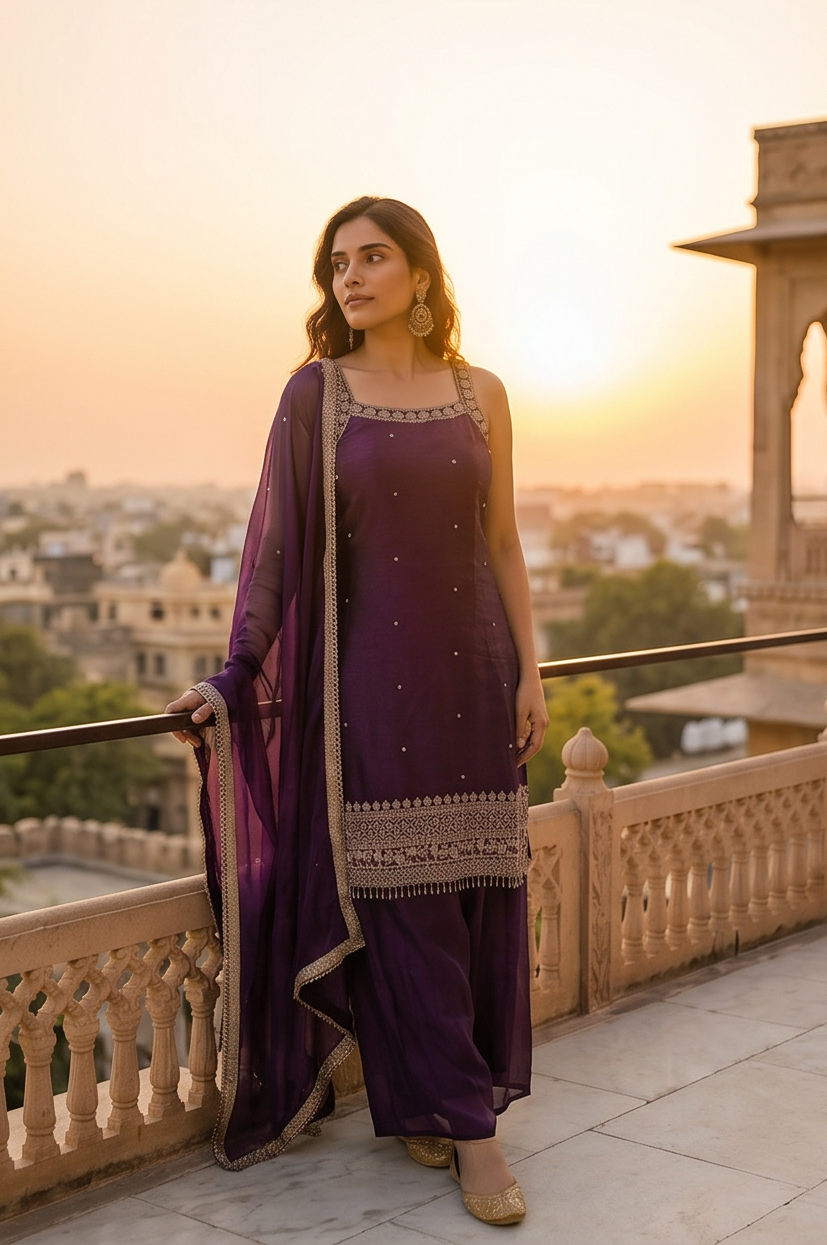 Royal Amethyst Embellished Kurta Palazzo Set with Dupatta
