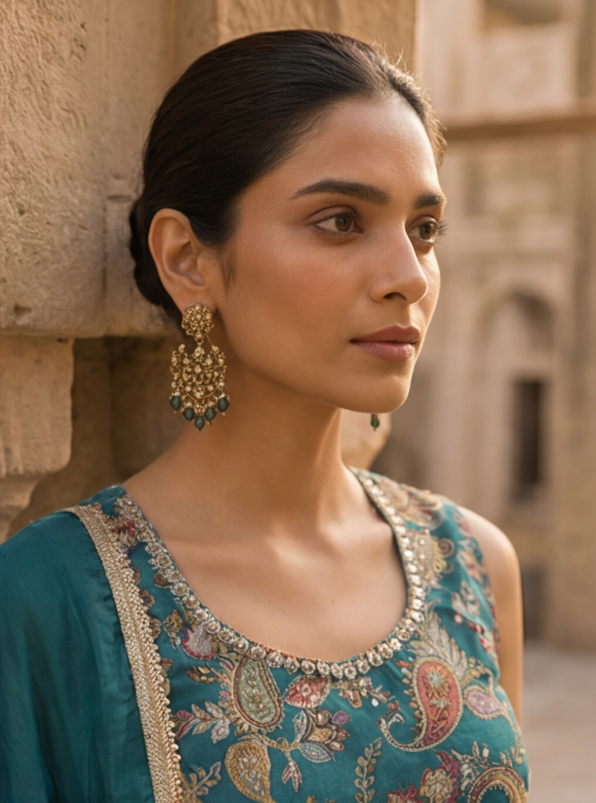 Teal Paisley Embroidered Kurta Palazzo Set with Dupatta