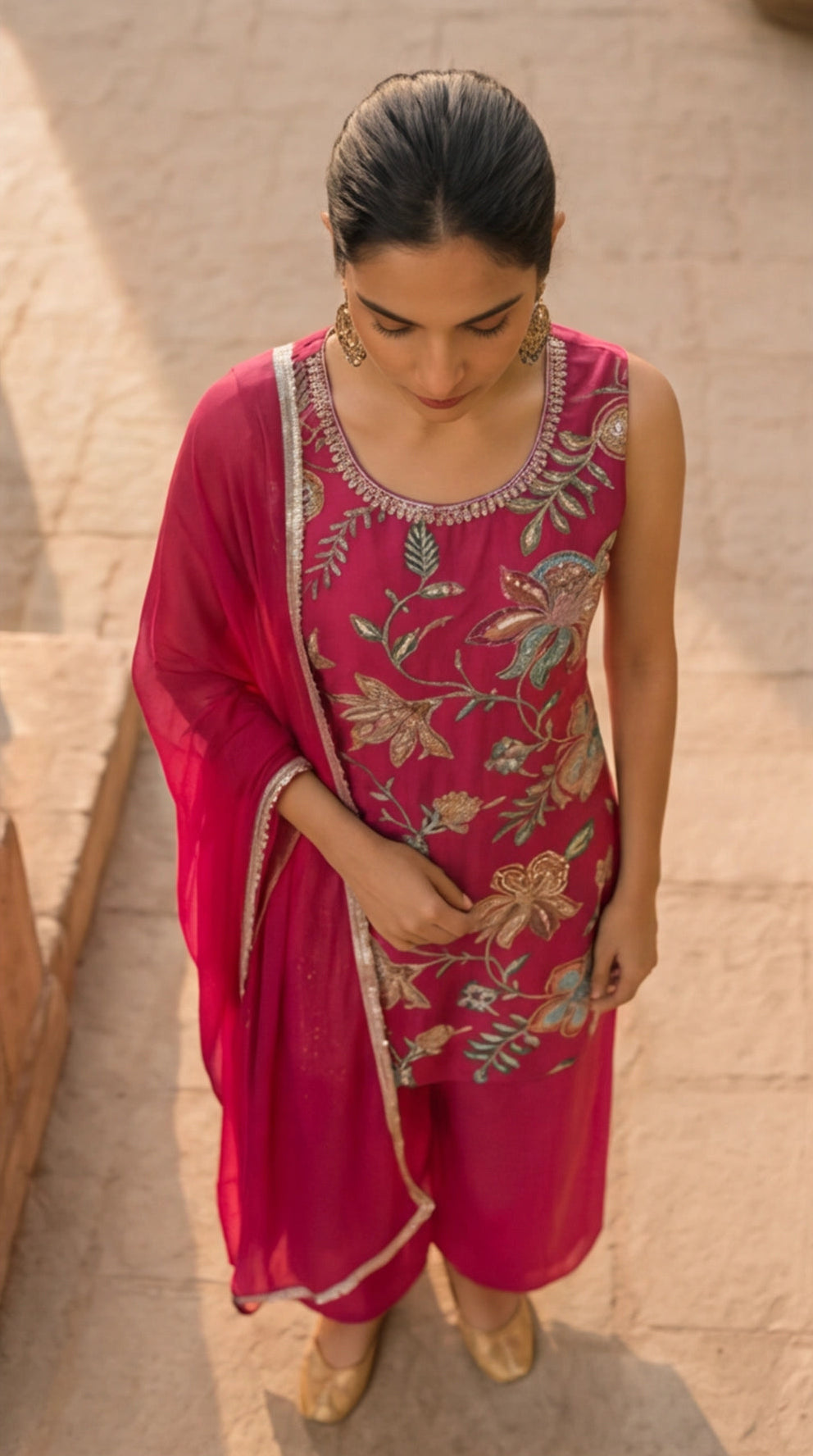 Fuchsia Floral Embroidered Kurta Palazzo Set with Dupatta