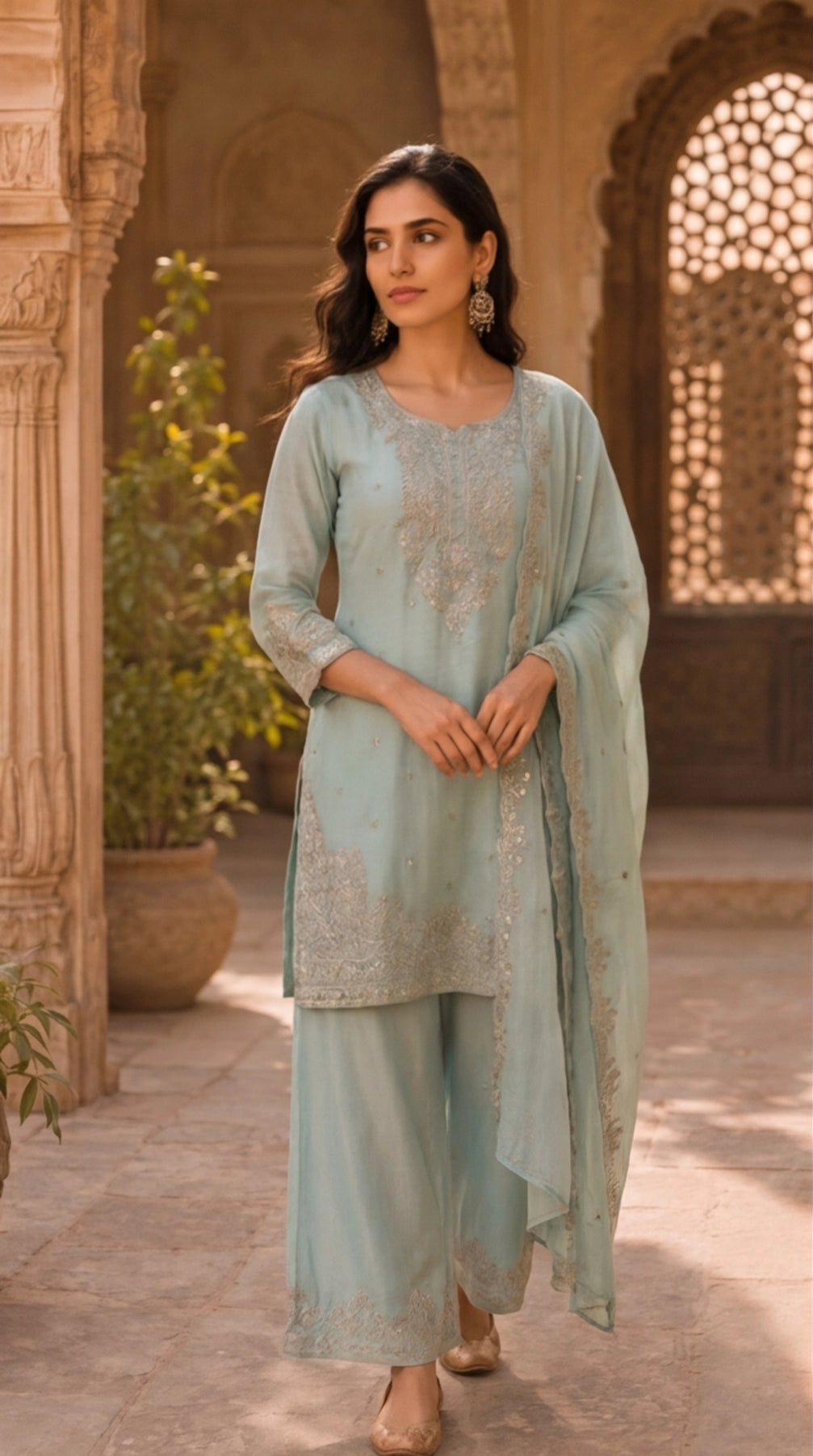 Pure Currency Silk Embroidered Palazzo Suit with Khatli Work