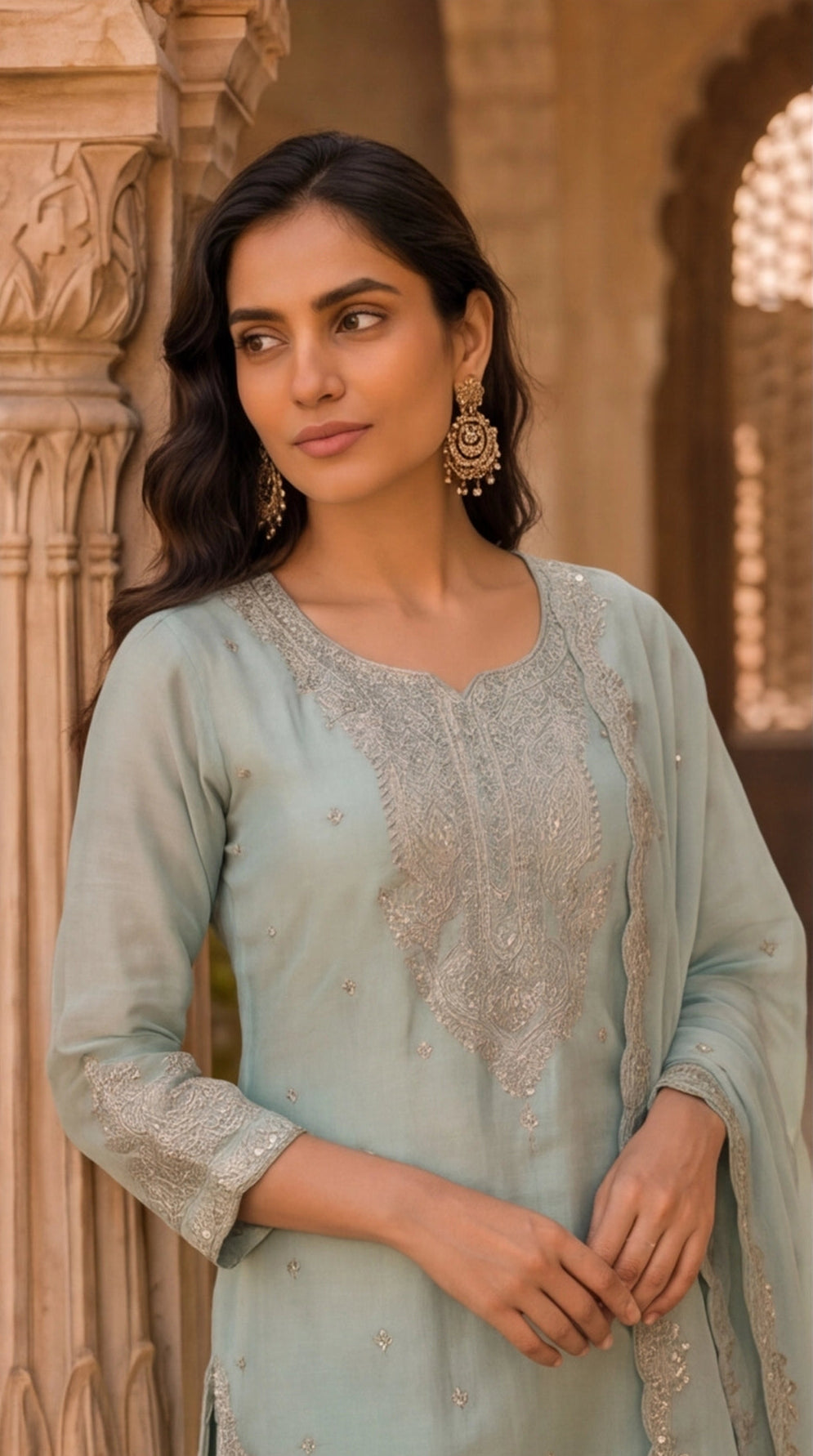 Pure Currency Silk Embroidered Palazzo Suit with Khatli Work