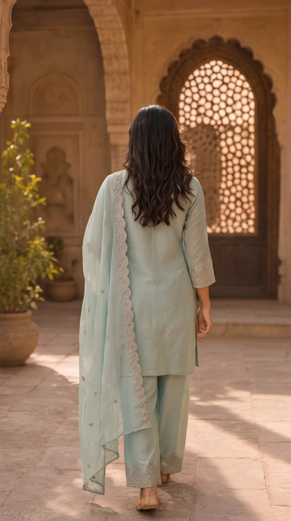 Pure Currency Silk Embroidered Palazzo Suit with Khatli Work