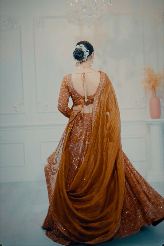 Rust Raw Silk Bridal Lehenga With Buti Work Dupatta