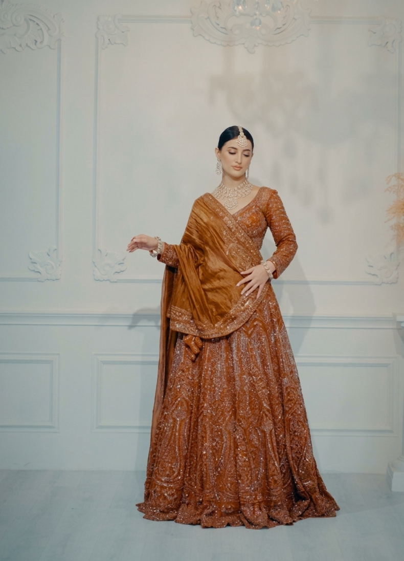 Rust Raw Silk Bridal Lehenga With Buti Work Dupatta