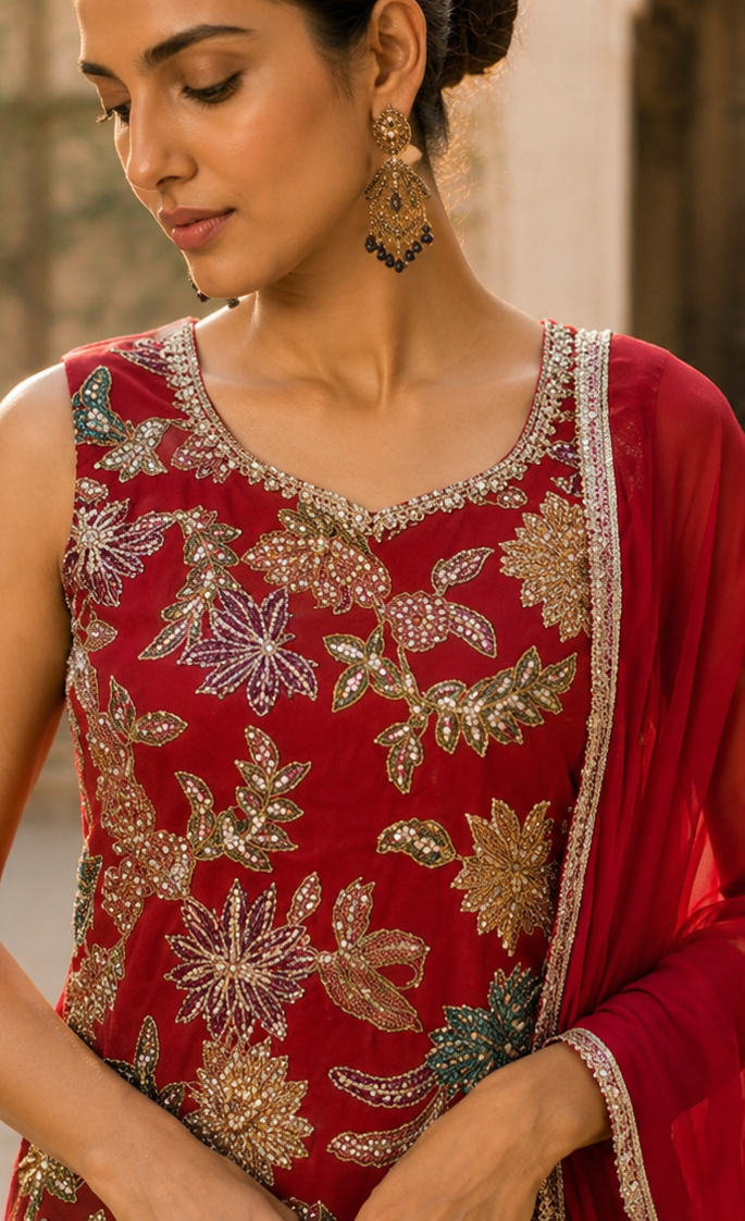 Ruby Red Floral Embroidered Kurta Palazzo Set with Dupatta