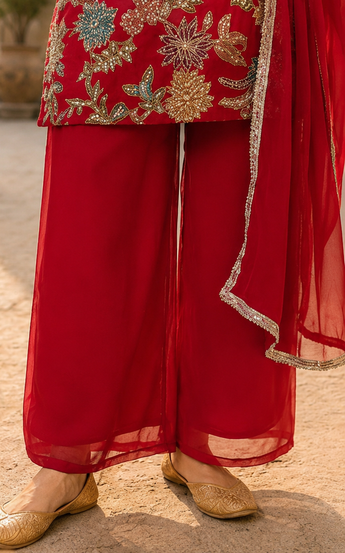 Ruby Red Floral Embroidered Kurta Palazzo Set with Dupatta
